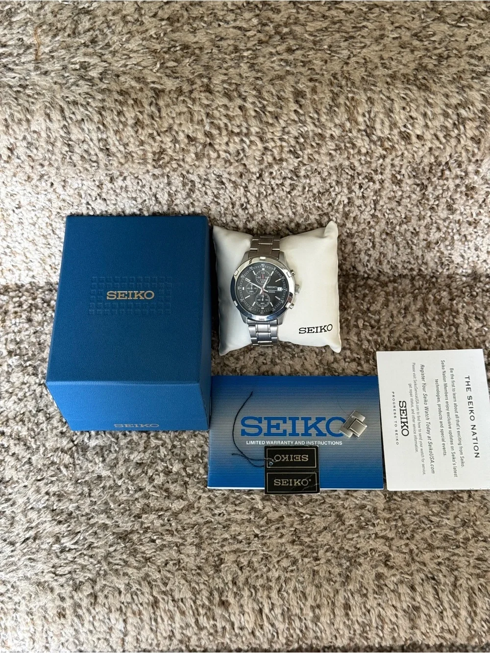 Seiko Black Dial Stainless Steel Chronograph Watch Mens